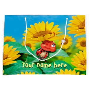Large glossy gift bag sleepy Ladybug in sunflowers