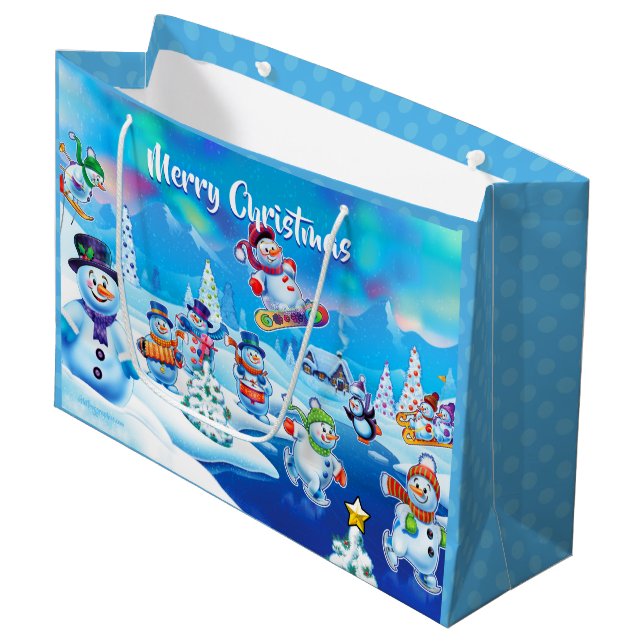 Large glossy gift bag Winter Wonderland snowfolk. (Front Angled)