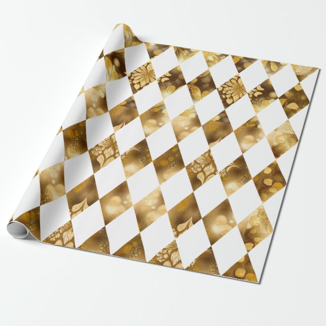 Large Gold and White Diamond Harlequin Wrapping Paper (Unrolled)