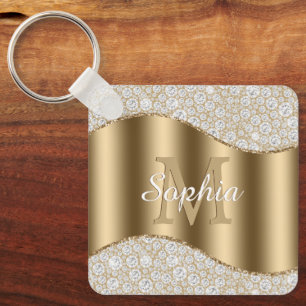 Large Gold Monogram, White Script Name, Diamonds K Keychain