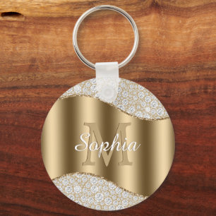 Large Gold Monogram, White Script Name, Diamonds Keychain