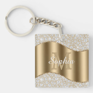 Large Gold Monogram, White Script Name, Diamonds Keychain