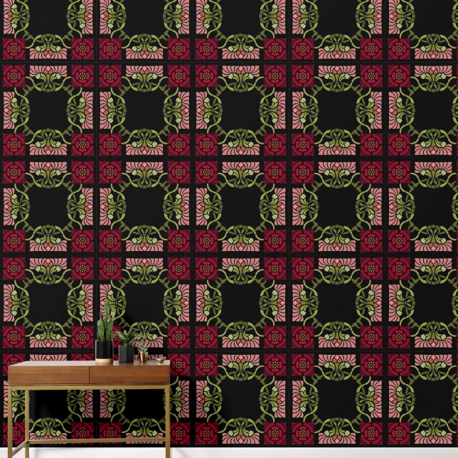 Large Goth Art Nouveau Rose and Dahlia Red Wallpaper (Hallway)