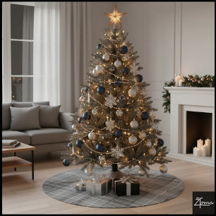 Large Grayscale White Line Tartan Plaid Brushed Polyester Tree Skirt