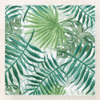 Large Green Fern Palm and Monstera Tropical Plants Glass Coaster
