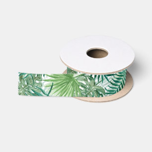 Large Green Fern Palm and Monstera Tropical Plants Satin Ribbon