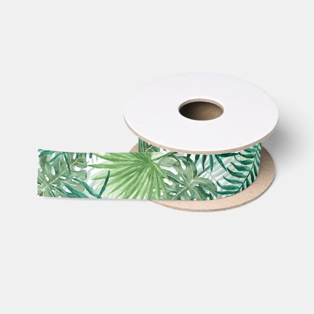 Large Green Fern Palm and Monstera Tropical Plants Satin Ribbon (Spool)