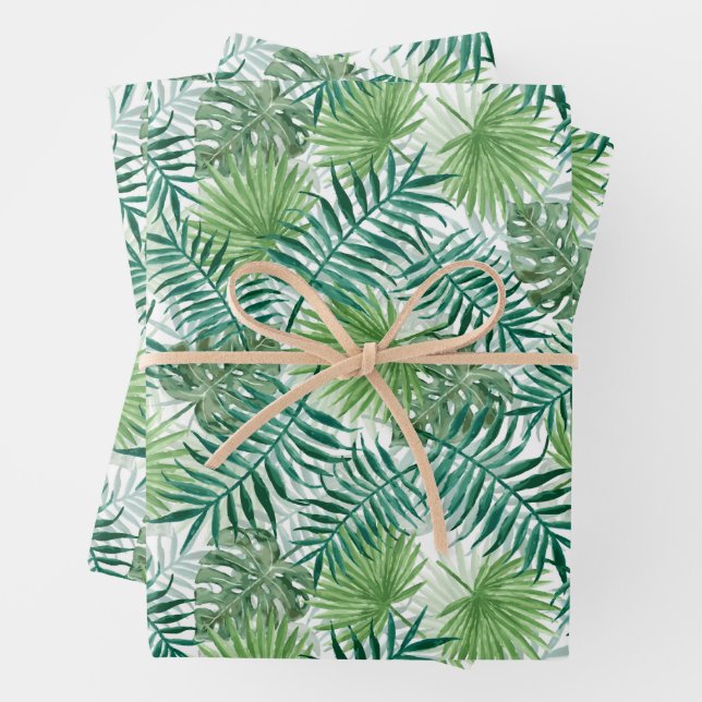 Large Green Fern Palm and Monstera Tropical Plants Wrapping Paper Sheet (In situ)