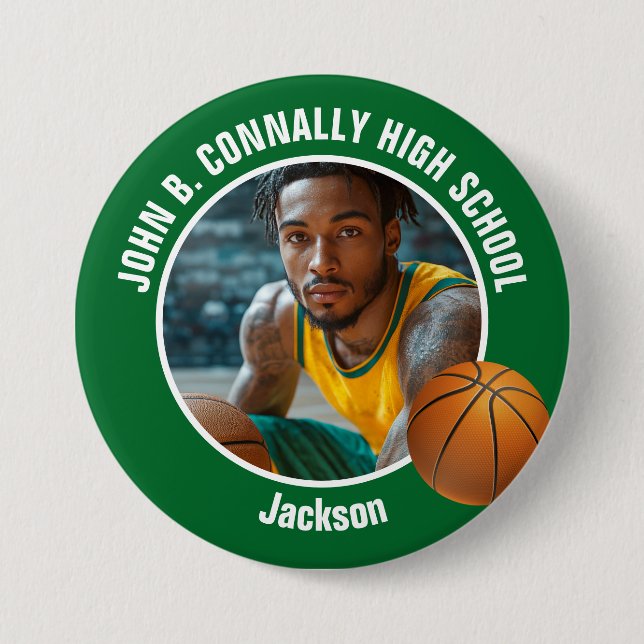 Large Green High School Basketball Player Photo 3 Inch Round Button (Front)