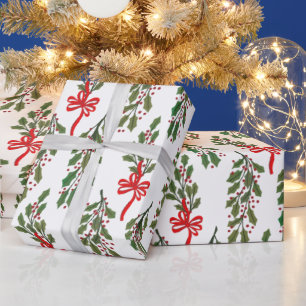 Large Green Holly Garland with Red Bows Christmas Wrapping Paper