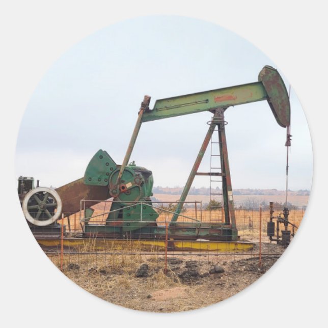 Large Green Pumpjack in an Oil Field Classic Round Sticker (Front)