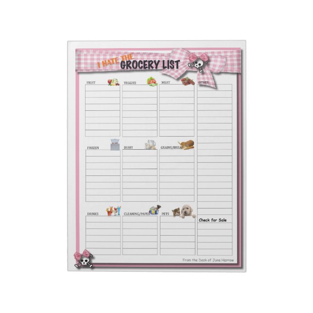 Large Grocery List - Pink Ribbon Skulls Notepad (Rotated)