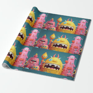 Large group of colourful monsters wrapping paper