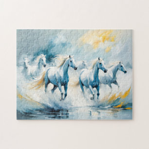 Large Group of White Horses Running Through Sea Jigsaw Puzzle