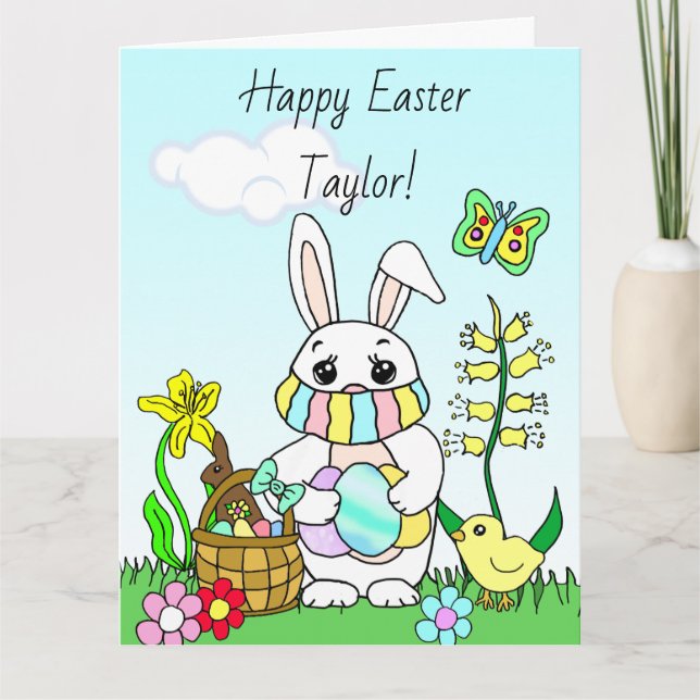Large Happy Easter, Custom Bunny in Facemask Card (Front)