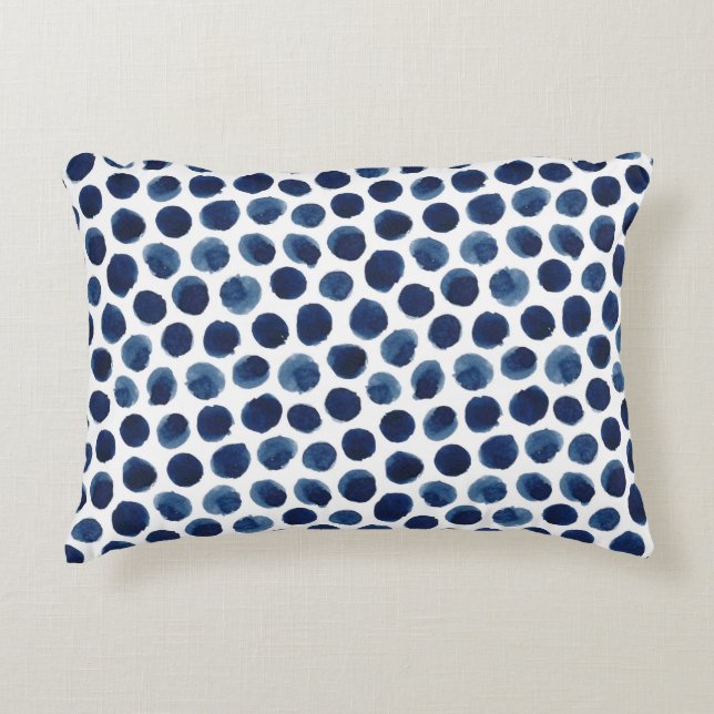 Large Indigo/Blue Watercolor Polka Dot Pattern Accent Pillow (Front)