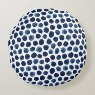 Large Indigo/Blue Watercolor Polka Dot Pattern Round Pillow