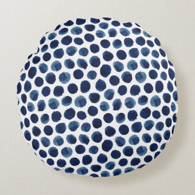 Large Indigo/Blue Watercolor Polka Dot Pattern Round Pillow (Front)