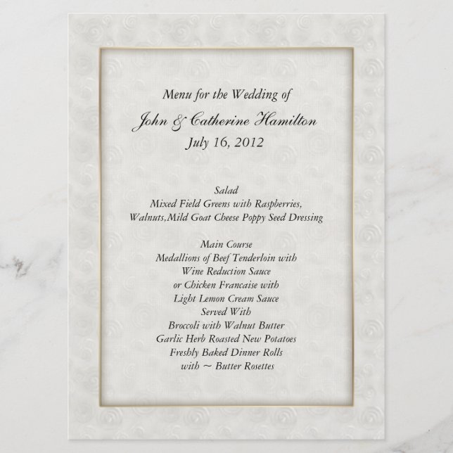 Large Ivory Swirl Damask Wedding Table Menu (Front)