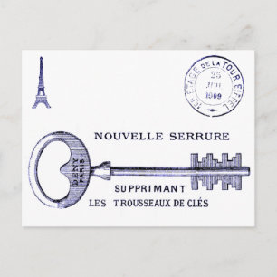 Large key design with Eiffel Tower and postmark Postcard