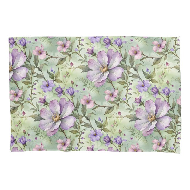 Large Lavender Flowers on Mint Pillowcase (Front)