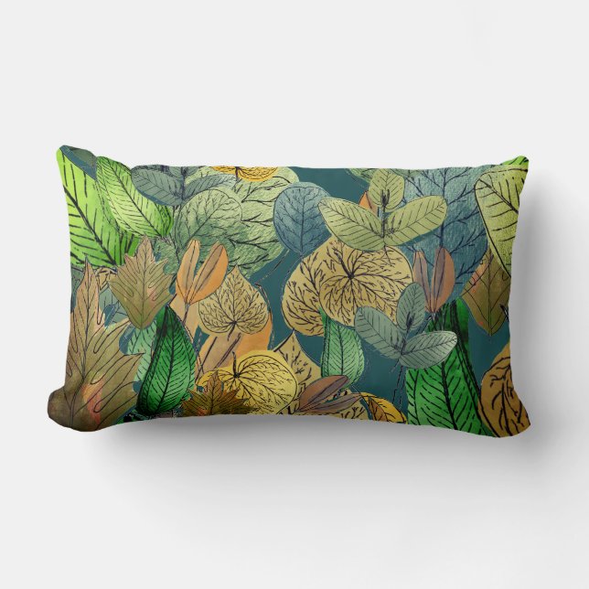 Large Leaf Foliage Green, Brown, Teal, Rust Lumbar Pillow (Front)