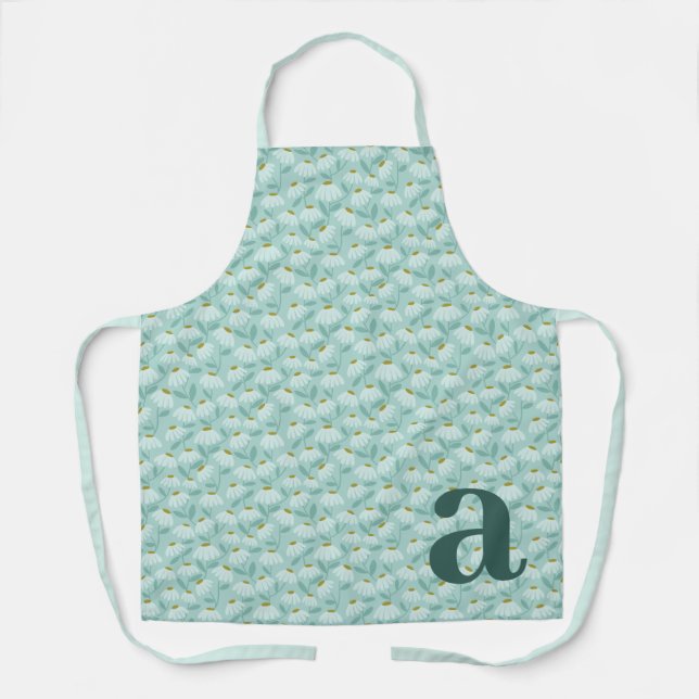 Large Letter Monogram Teal Blue Floral Pattern Apron (Front)