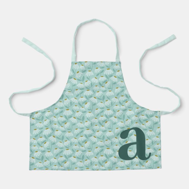 Large Letter Monogram Teal Blue Floral Pattern Apron (Front)