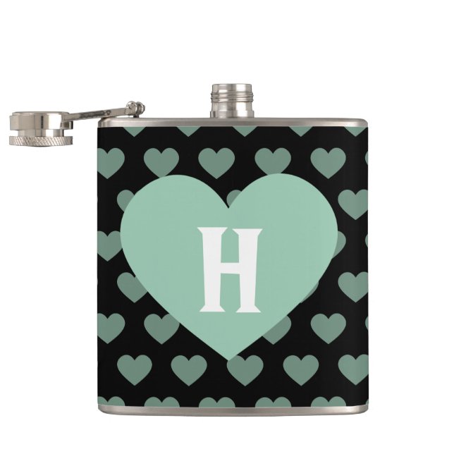 Large Light Green Heart & Black Background Hip Flask (Opened)