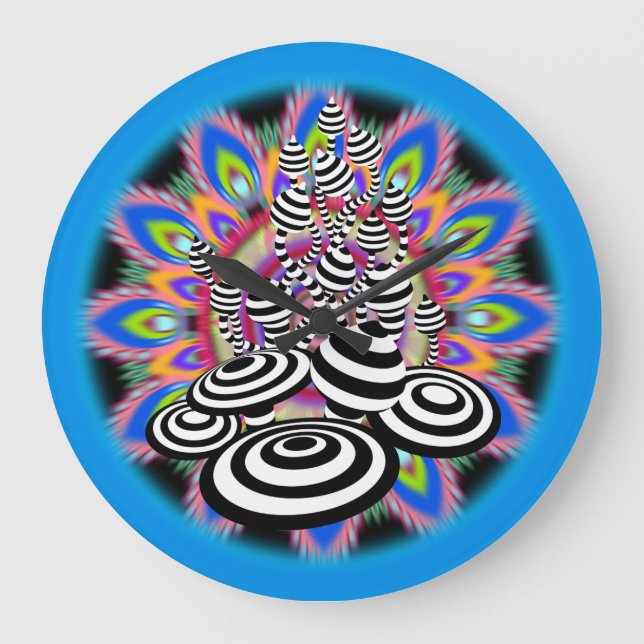 Large Mandala Magic Mushroom blue black wall clock (Front)