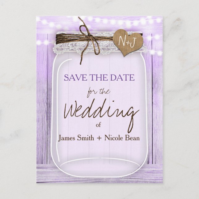 Large Mason Jar Lavender Purple Save the Date Announcement Postcard (Front)