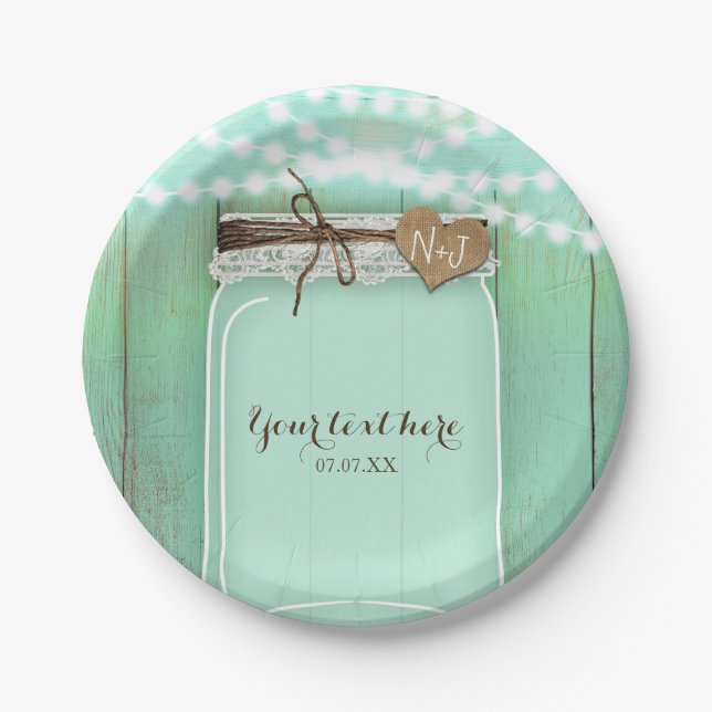 Large Mason Jar & Lights Mint Rustic Wedding Paper Plate (Front)