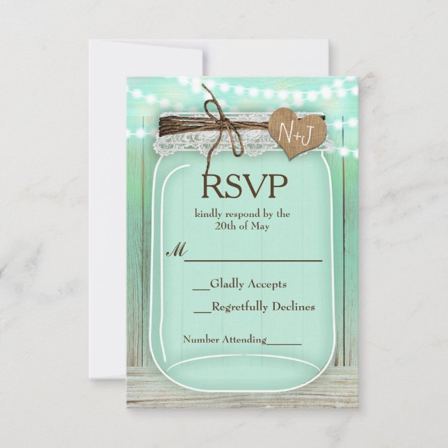 Large Mason Jar & Lights Mint Rustic Wedding RSVP Card (Front)
