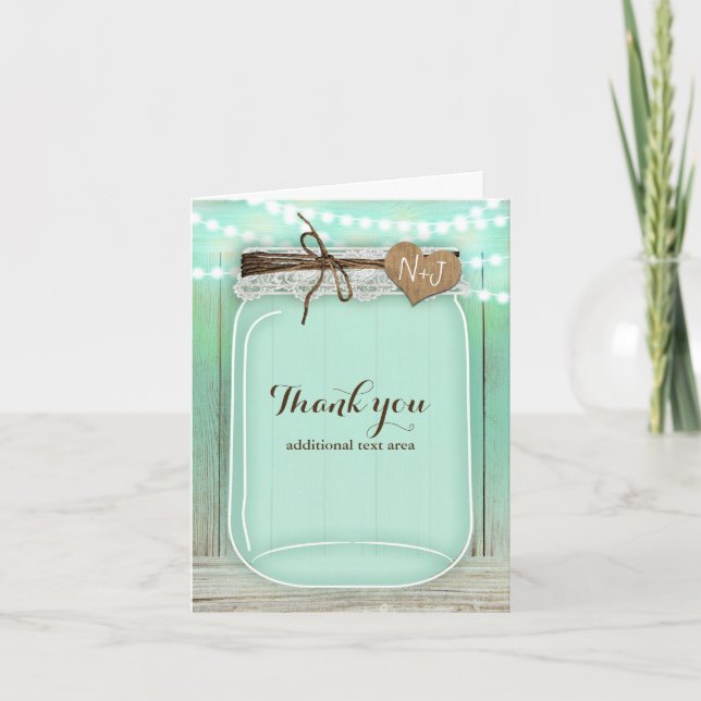 Large Mason Jar & Lights Mint Rustic Wedding Thank You Card (Front)