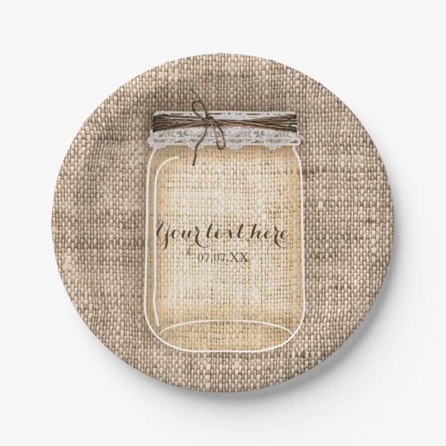 Large Mason Jar with Burlap & Lace Rustic Wedding Paper Plate (Front)