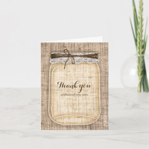 Large Mason Jar with Burlap & Lace Rustic Wedding Thank You Card