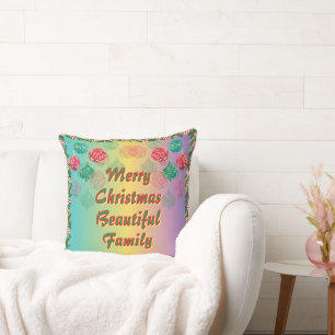 Large "Merry Christmas Beautiful Family" Colourful Throw Pillow