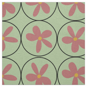 Large Mint Retro Floral Tile Ivory Linen Fabric