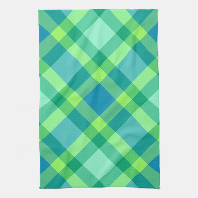 Large Modern Bias Plaid, Jade Green & Turquoise Kitchen Towel (Vertical)