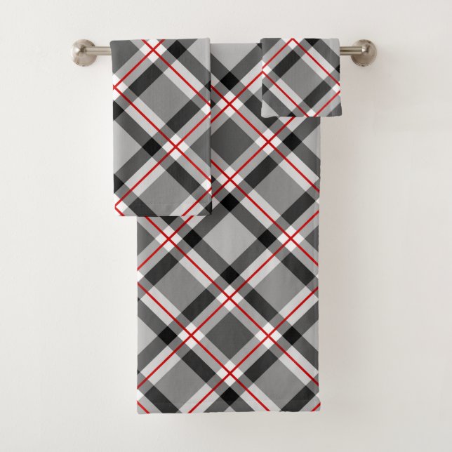 Large Modern Plaid, Black, White, Gray and Red Bath Towel Set (Insitu)
