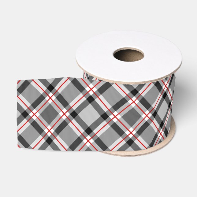 Large Modern Plaid, Black, White, Gray and Red Grosgrain Ribbon (Spool)