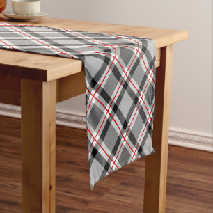 Large Modern Plaid, Black, White, Gray and Red Short Table Runner