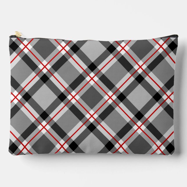 Large Modern Plaid, Black, White, Grey and Red Accessory Pouch (Front)