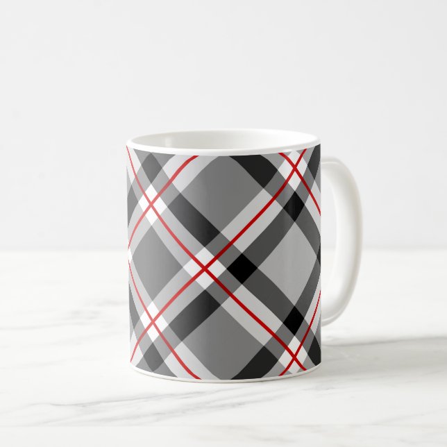 Large Modern Plaid, Black, White, Grey and Red Coffee Mug (Front Right)