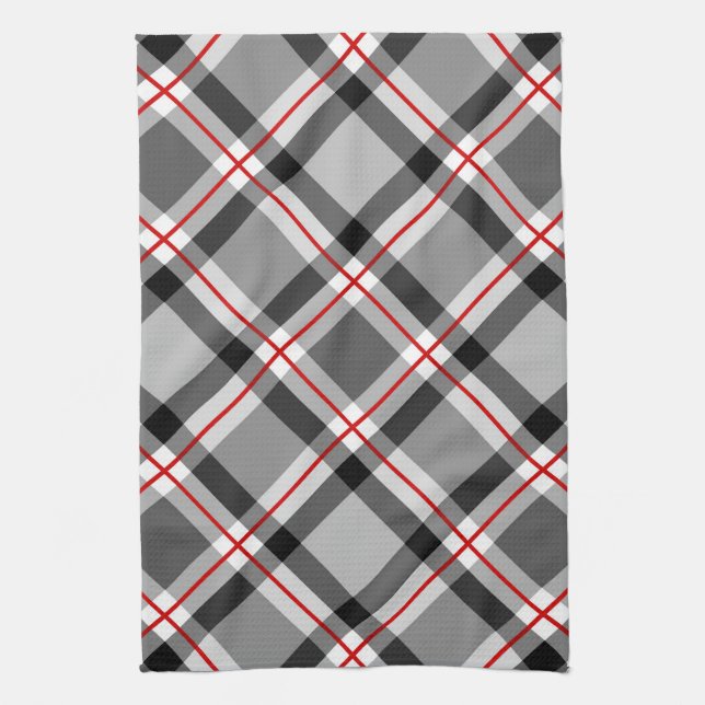 Large Modern Plaid, Black, White, Grey and Red Kitchen Towel (Vertical)