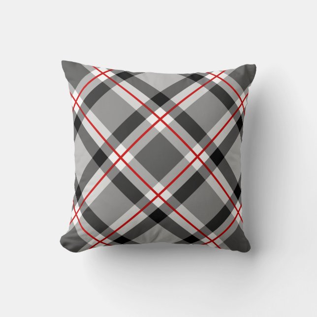 Large Modern Plaid, Black, White, Grey and Red Throw Pillow (Front)