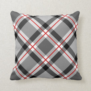 Large Modern Plaid, Black, White, Grey and Red Throw Pillow