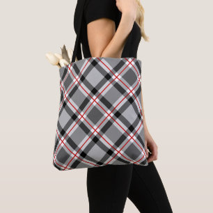 Large Modern Plaid, Black, White, Grey and Red Tote Bag
