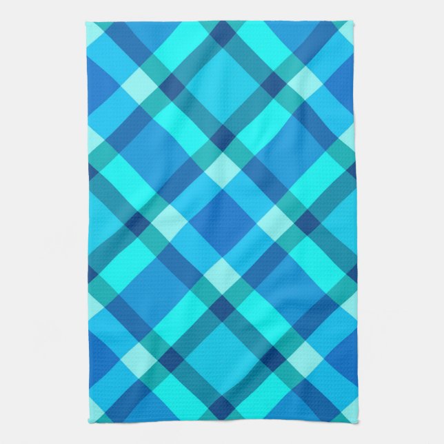 Large Modern Plaid, Cobalt Blue, Aqua & Turquoise Kitchen Towel (Vertical)