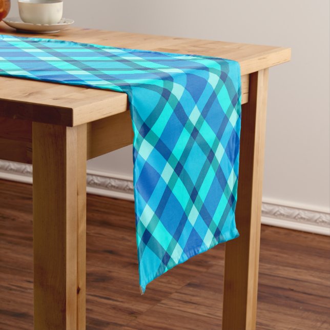 Large Modern Plaid, Cobalt Blue, Aqua & Turquoise Short Table Runner (In Situ)
